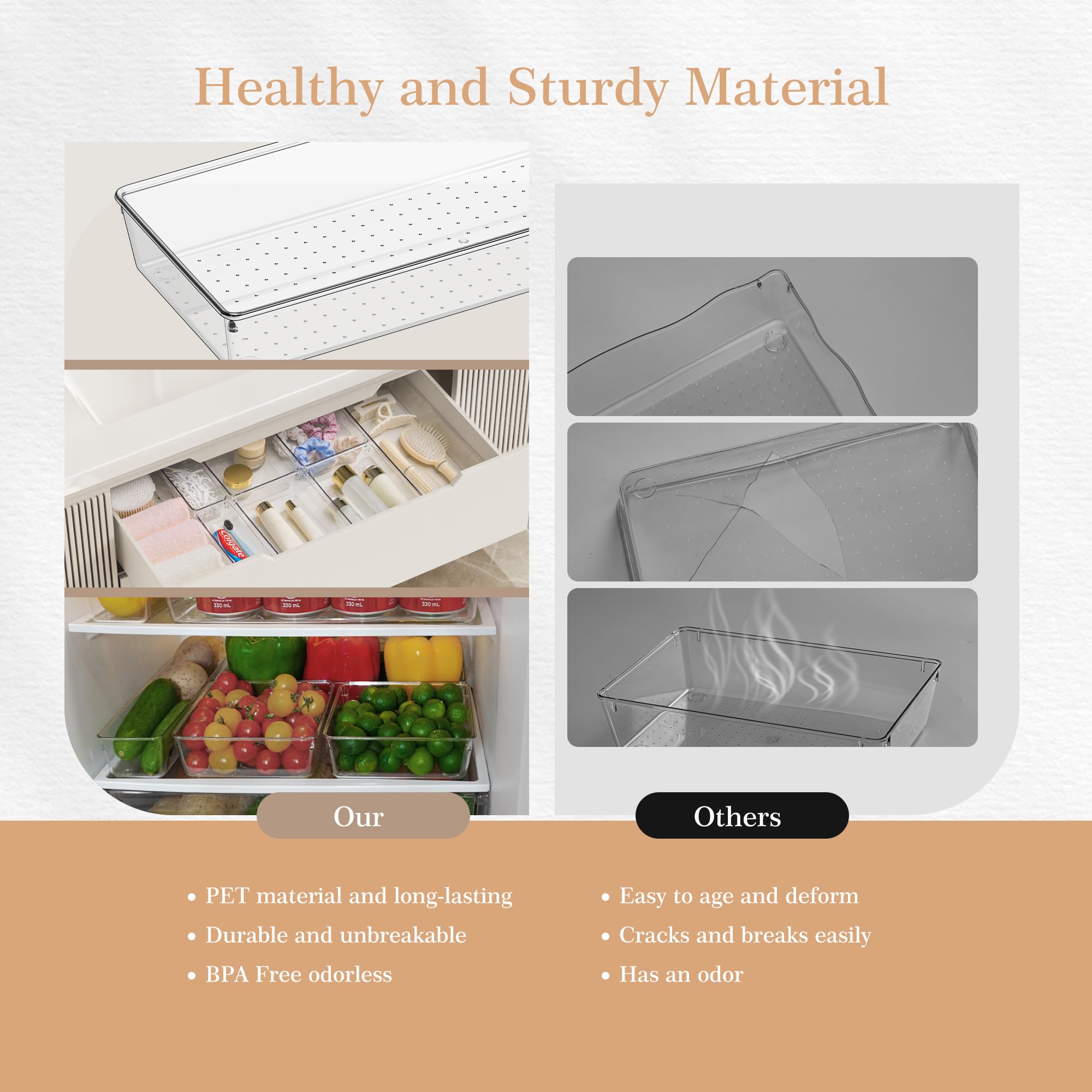 Criusia Organizer per cassetti, 5 dimensioni, versatili, per bagno e toeletta, confezione da 20 organizer per cassetti da cucina, in plastica trasparente, contenitori per trucchi, bagno, gioielli e