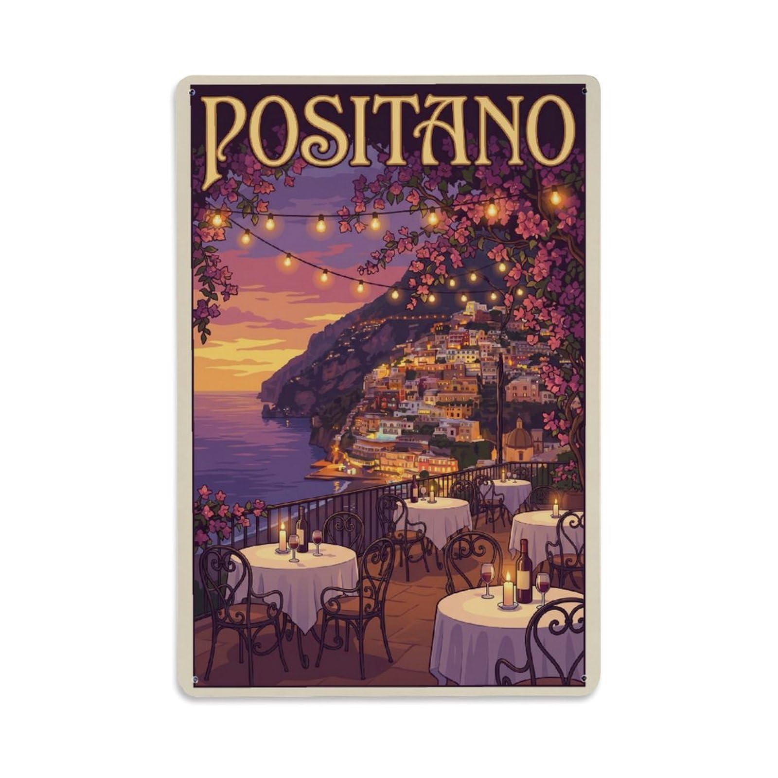 Vintage Travel Positano Italy Cloud Metal Tin Sign Plaque Wall Decor for Cafe, Club Bar, Office, Garden Metal Poster 8x12Inch