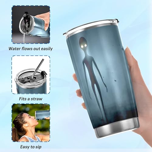 Miniatura 6 de xigua Vaso alienígena gris aterrador de 20 onzas con tapa, aislamiento al vacío de acero inoxidable para café, taza de hielo, termo de viaje de