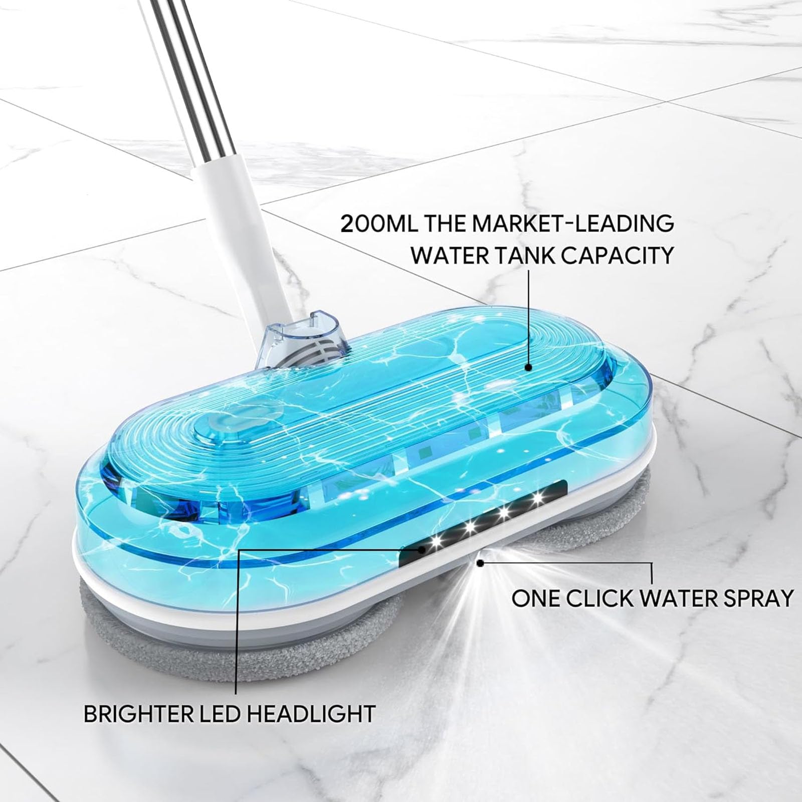 Bezprzewodowy mop elektryczny, odkurzacz do podłóg z reflektorem LED i spryskiwaczem wody, mocny mop wirowy ze zbiornikiem na wodę o pojemności 200 ml, do podłóg laminowanych z twardego drewna
