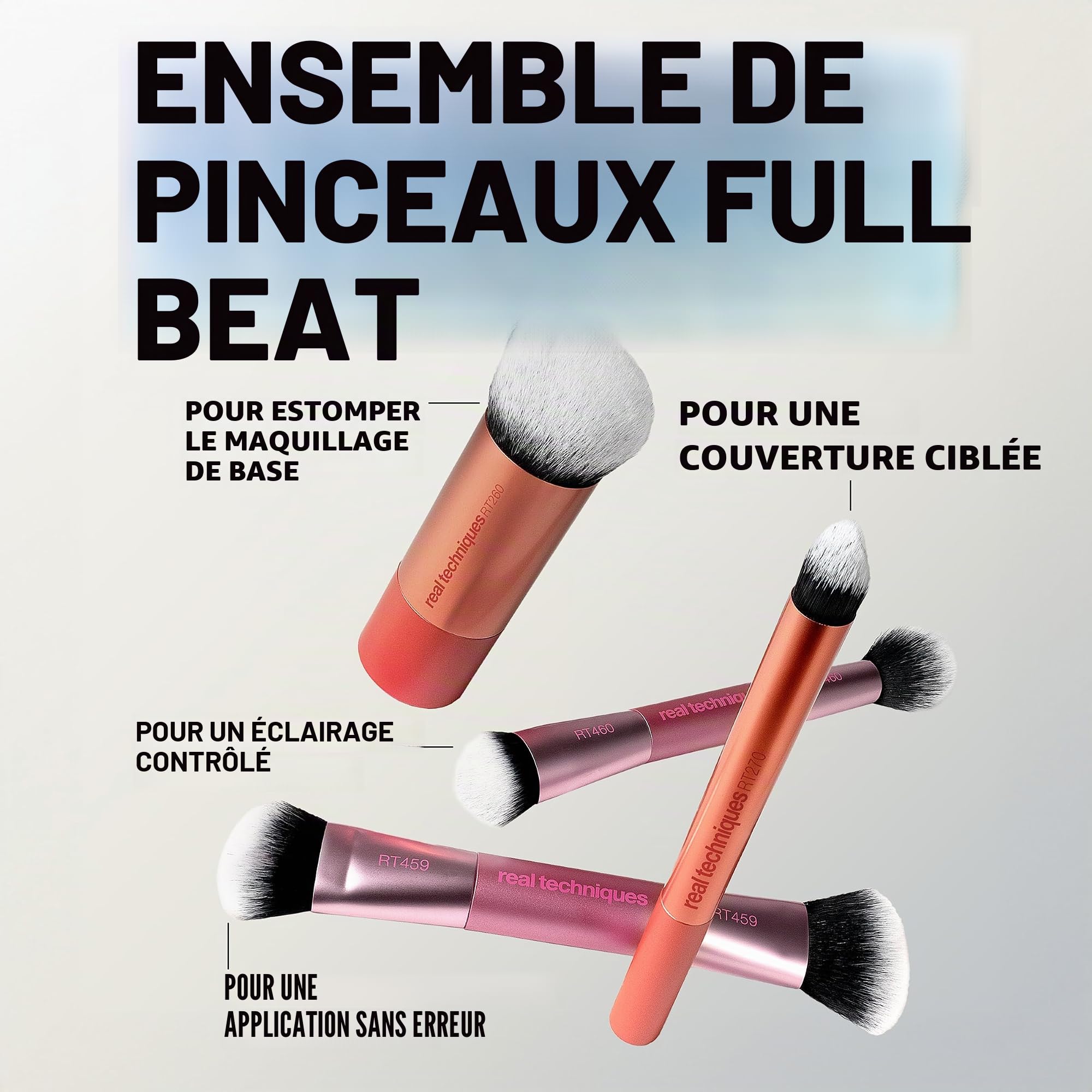 Real Techniques Full Beat Set Maquillage, Kit 4 Pinceaux pour Fond de Teint, Anti-Cernes, Blush, Contour, Illuminateur & Poudre, Format Voyage, Fibres UltraPlush Douces, Cruelty-Free