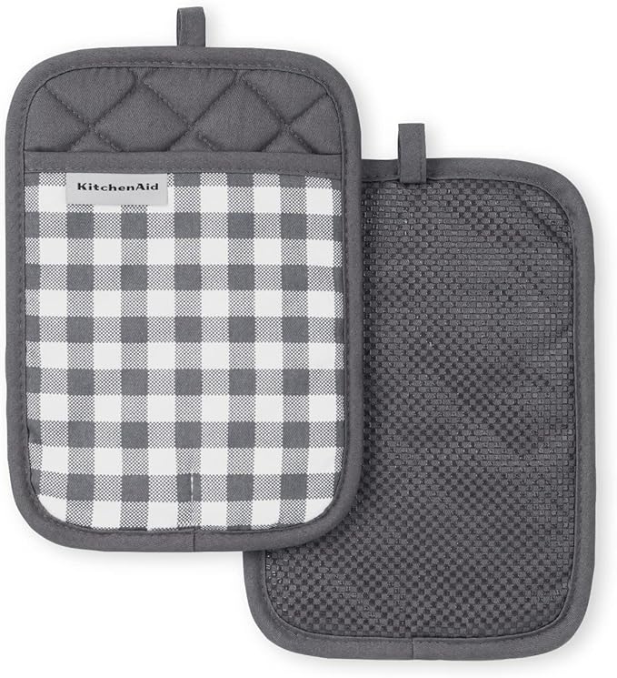 KitchenAid Gingham Pot Holder 2-Pack Set, Charcoal Grey, 7"x10"