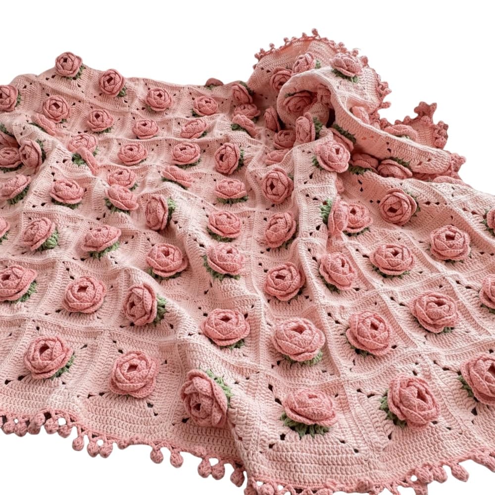 Häkeldecken-Set Häkelset Anfänger für Decke Granny Squares Häkeldecke Kit Couch Blankets Rose Floral Crochet Blanket Häkeldeckensets für Erwachsene Häkelblumenstrauß Rosa 110x110cm