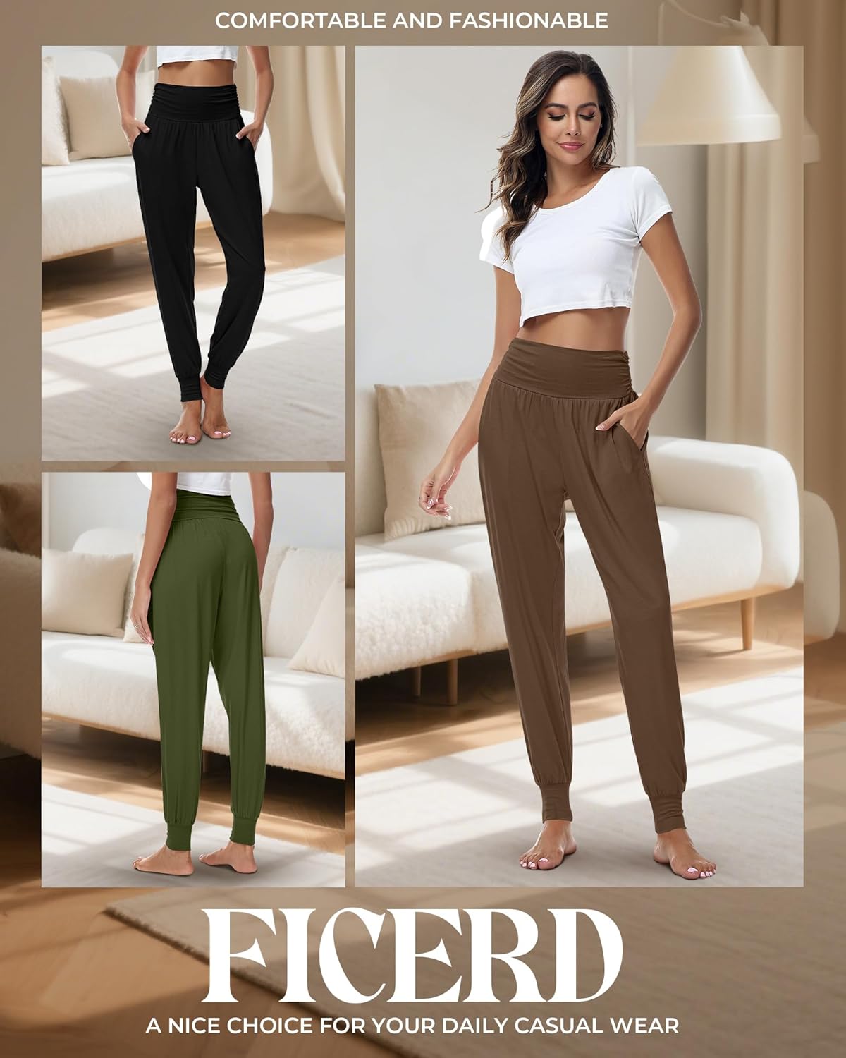 Ficerd 3 Pack Women's Lounge Pants, Cozy Yoga Joggers with Pockets High Waisted Workout Sweatpants Lightweight Comfy Pants - Image 6