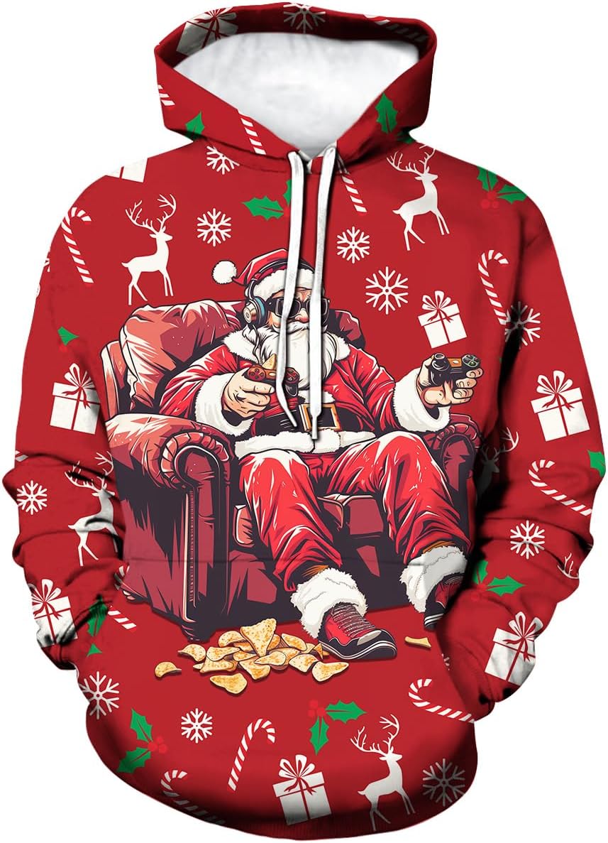 Christmas Hoodie Funny Santa Claus Print Sweatshirt Pullover for Men Women - Image 3