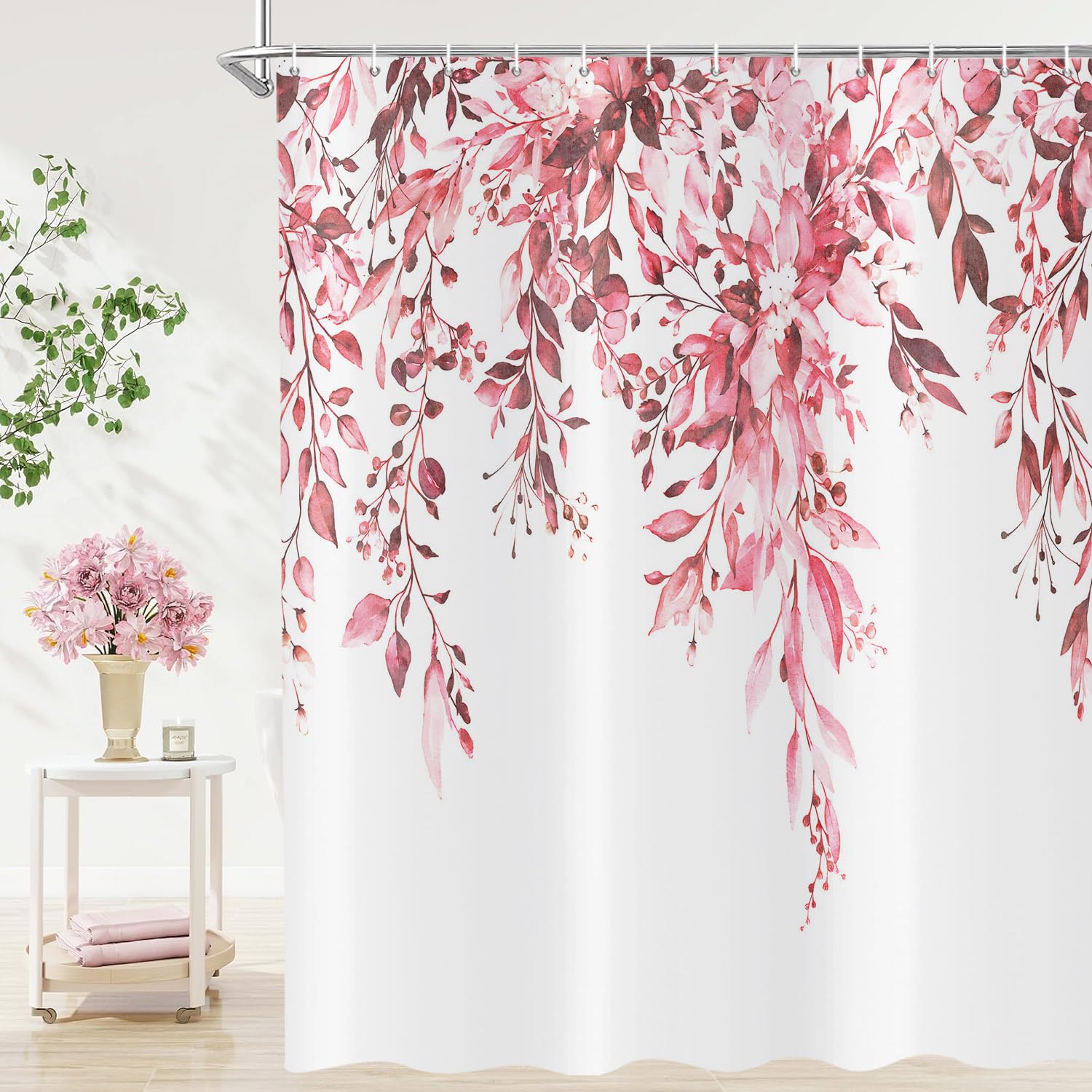 ASDCXZ Pink Eucalyptus Shower Curtain 180x180 cm, Spring Watercolor Eucalyptus Leaves Floral Plants Waterproof Bath Curtain Polyester Textile Washable Shower Curtains for Bathtub with 12 Hooks