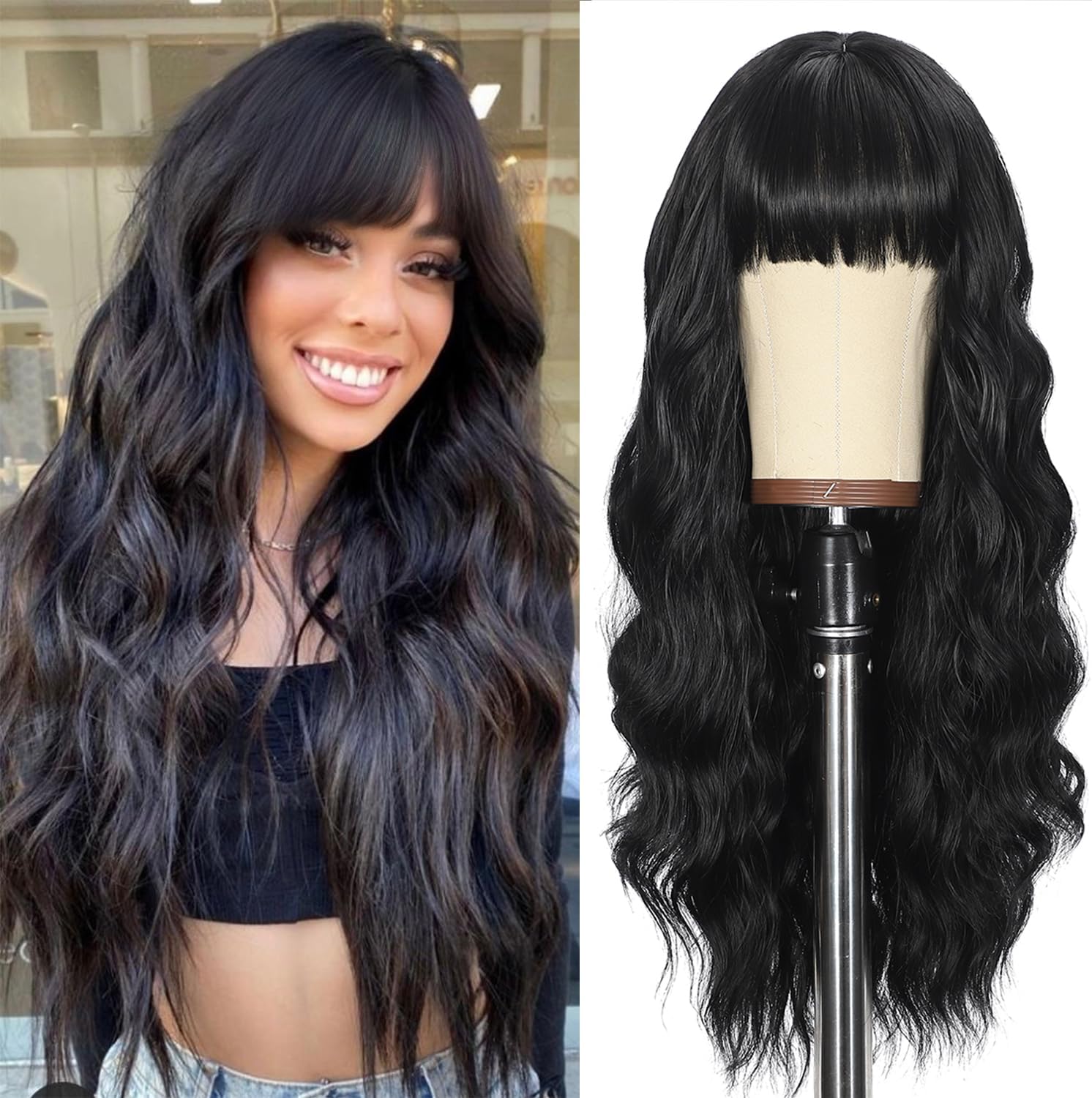 QJBMHH Black Wig with Bangs for Women Long Black Wavy Wigs