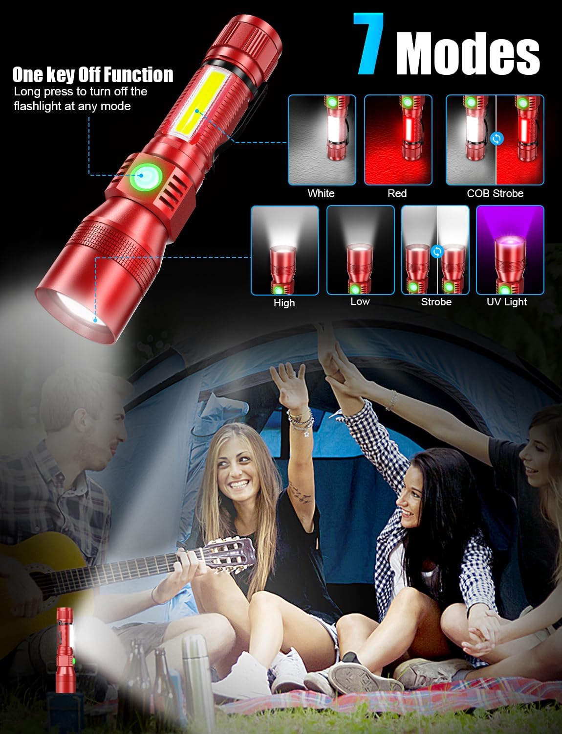 UV Rechargeable Flashlights Tactical,1000 High Lumens 3 in 1 LED Black Light Flashlight -Magnetic Base/Sidelight/Zoomable, Bright Pocket Flash Light for Stains Detection Camping Emergency,Red