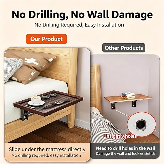 Bedside Shelf Top, Slides Between Mattress, Bed Frame, Raised Border Storage for Small Rooms, Dorm Living Folding Bedside Shelf Mattress Bed Frame Mount Bunk Tray Sofa Side Organizer