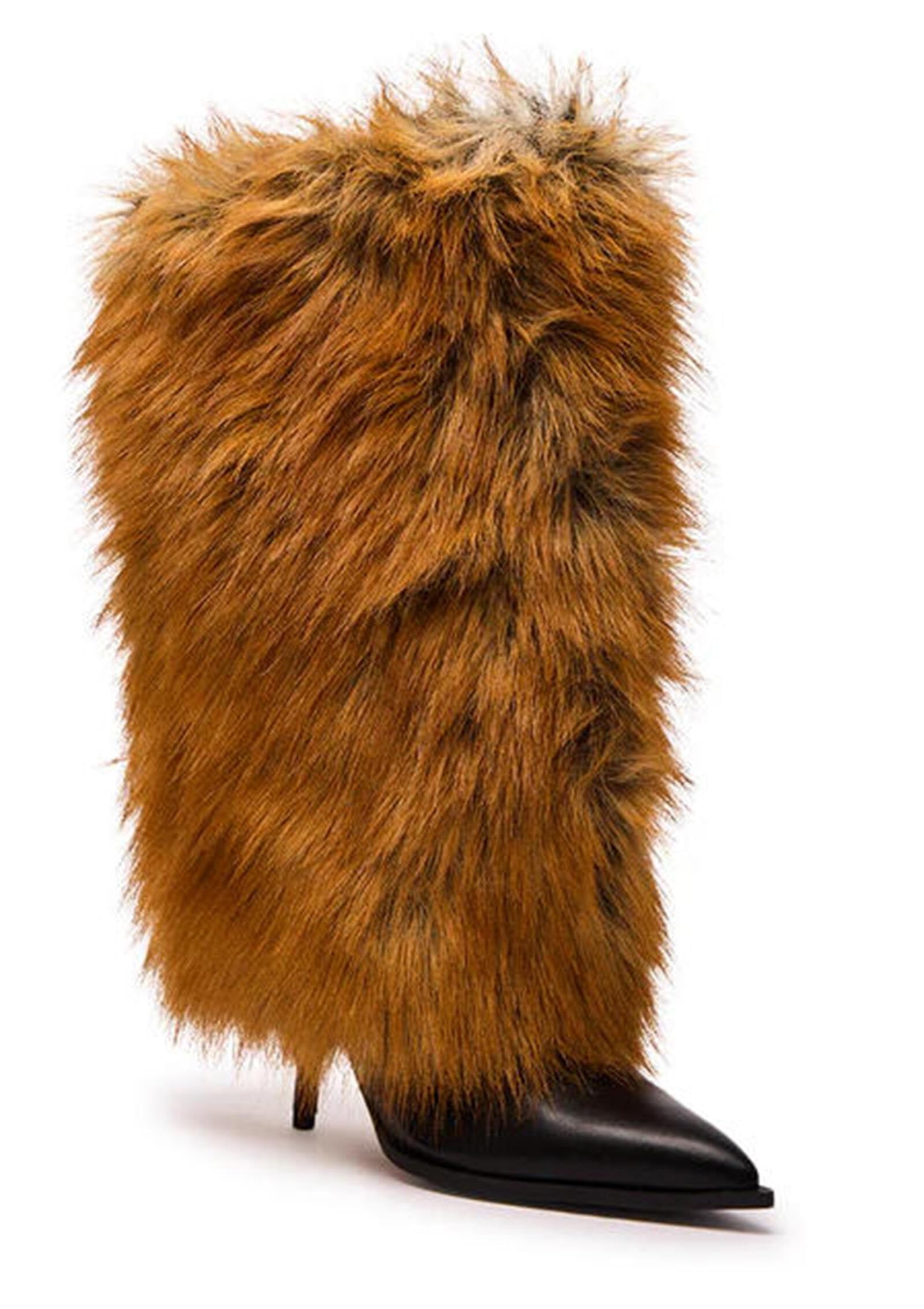 Womens Faux Fur Knee High Pointed Toe Stiletto Boots Fashion High Heel Fur Boots