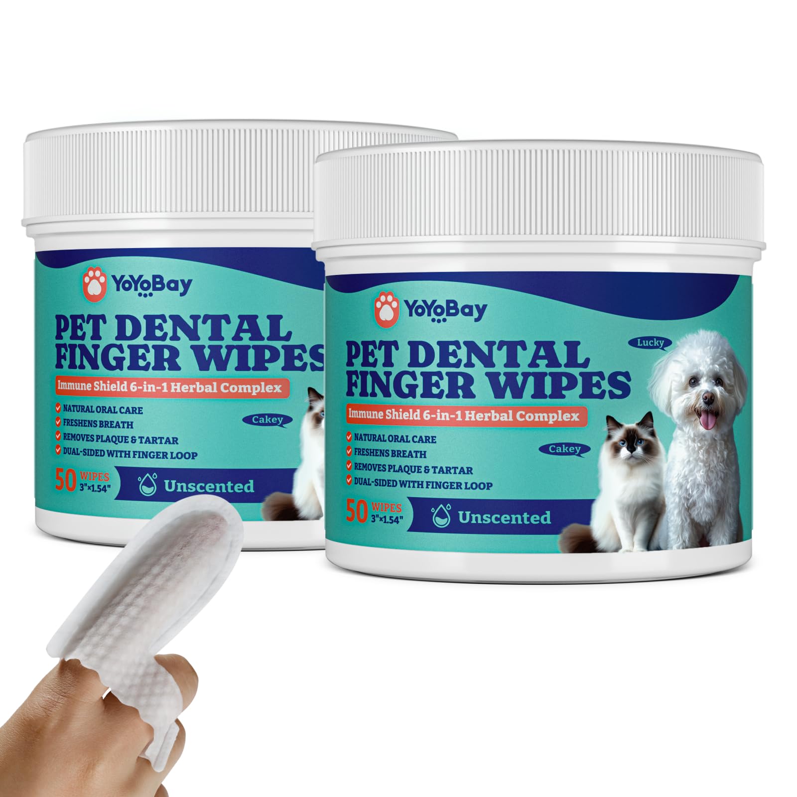 Dog Teeth Cleaning Wipes, Pet Finger Dental Wipes for Dogs &amp; Cats, Dual-Sided, 6-in-1 Herbal Formula, Remove Plaque &amp; Tartar, Freshen Breath, No-Rinse Toothbrush Wipes – 50 PCS x 2, Unflavored