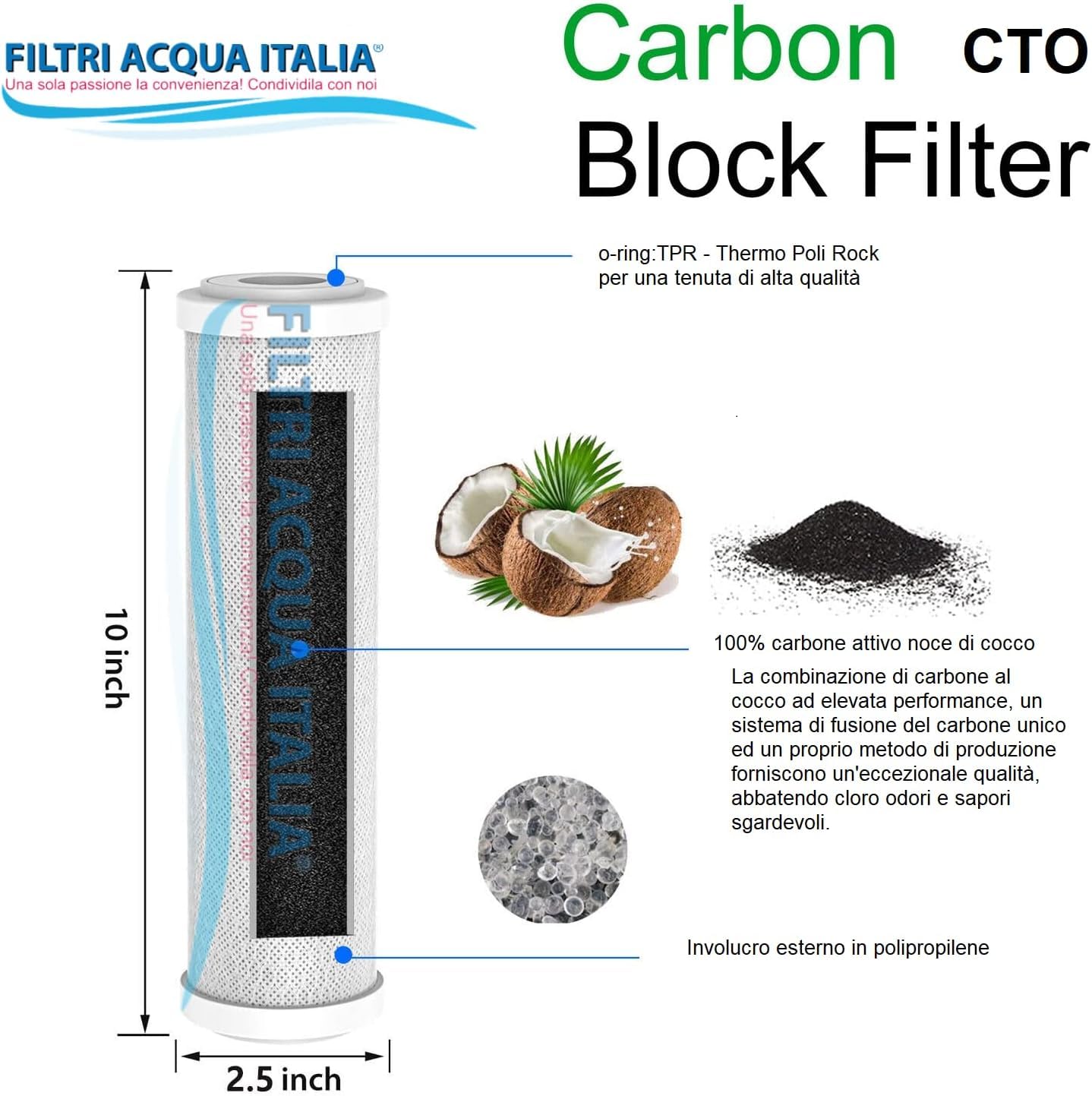 Cartuccia Carbon Block 5 Micron 10 Pollici CTO Filtro a carbone attivo per osmosi inversa Set 3 Pz. Filtri Acqua Italia®