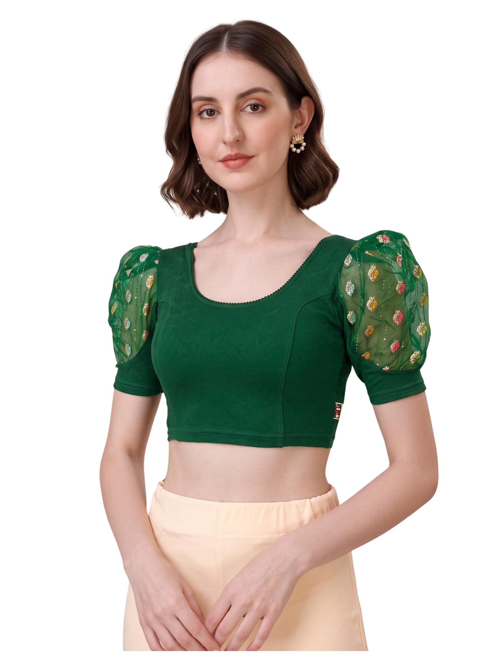 Women's Cotton Lycra Blend Readymade Saree Blouse with Round Neck Half Sleeves Solid Pattern Knit Weave Regular Fit and Pull On Closure-image-28