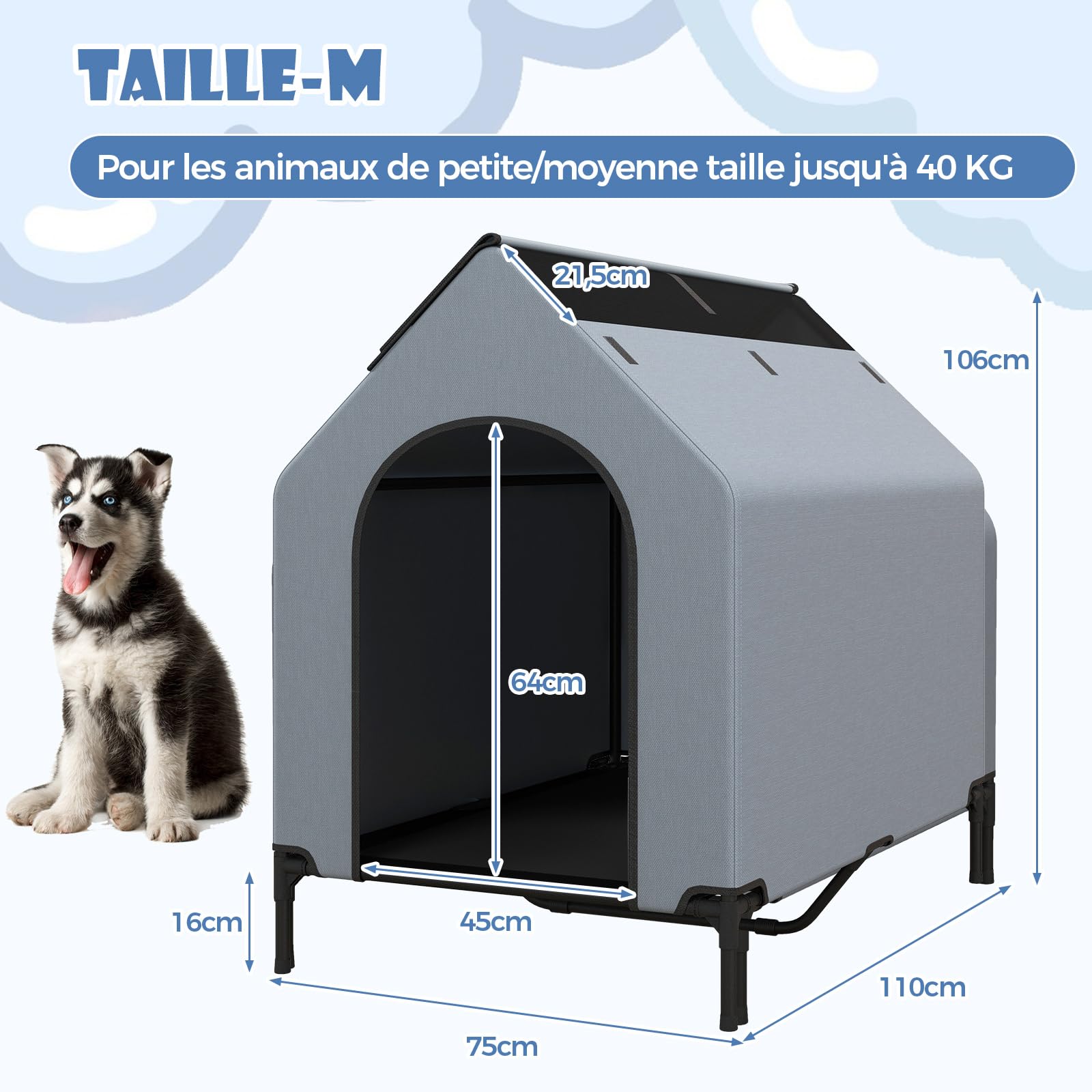 COSTWAY 2 en 1 Niche pour Chien Exteriéur Intérieur, 75x110x106 cm, Fenêtre Ventilée, Housse Amovible, Chenil pour Chien Exterieur, Tissu Oxford, Base Surélevée, pour Moyen Grand, Capacité 40 kg