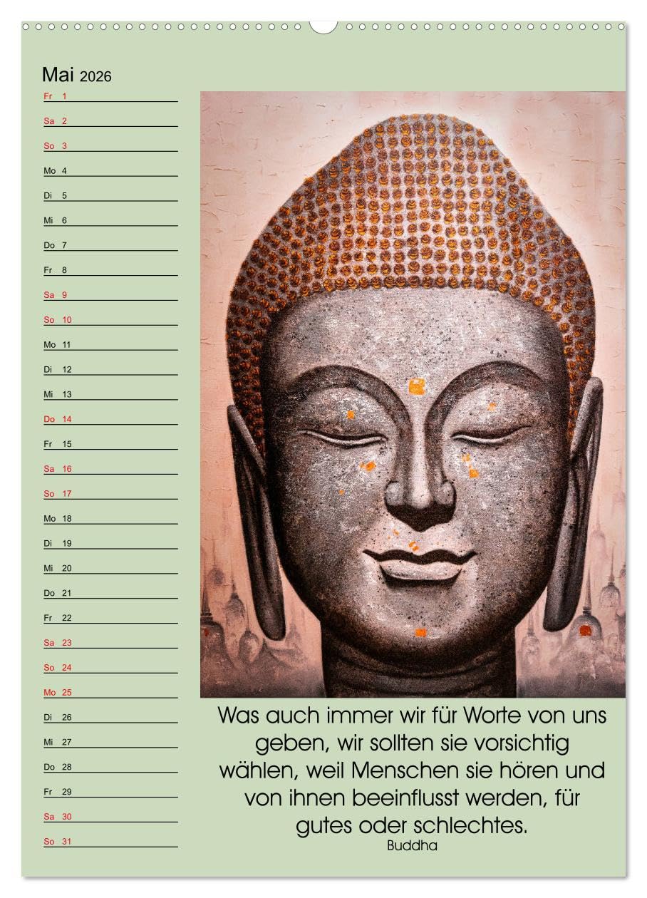 Lebensfreude Buddha (hochwertiger Premium Wandkalender 2026 DIN A2 hoch), Kunstdruck in Hochglanz: Zitate Ratschläge und Weisheiten zur Lebenshilfe im ... im Haushalt. (CALVENDO Menschen)