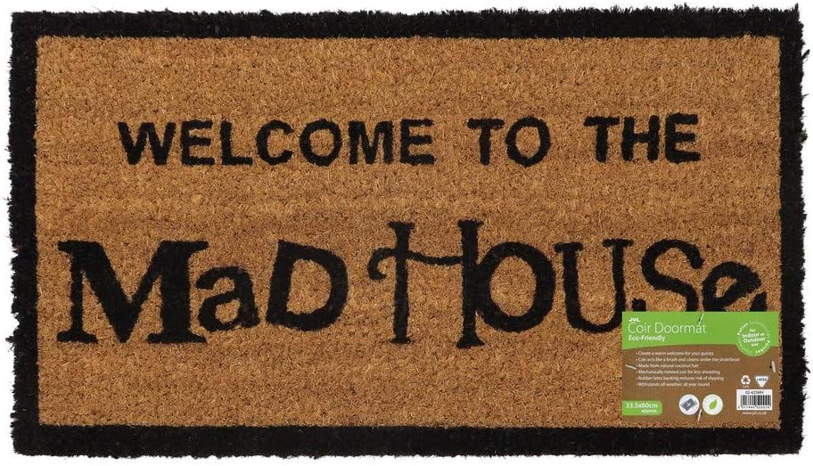 JVL Eco-Friendly Novelty Latex Backed Entrance Door Mat, Mad House Design, Natural Coir, One Size