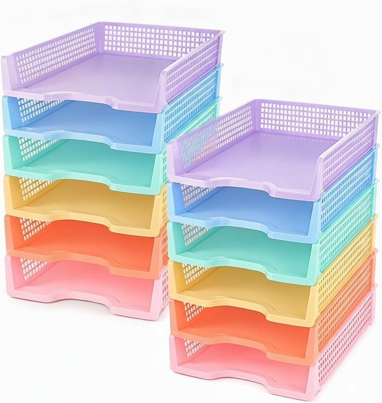 Teenyyou Set of 12 Colorful Turn in Trays Classroom Plastic Stackable Paper Tray Classroom Teachers Desk Organizer Bin for Office Home Teachers Organization and Storage,9 x 13 x 3 Inches(Morandi)