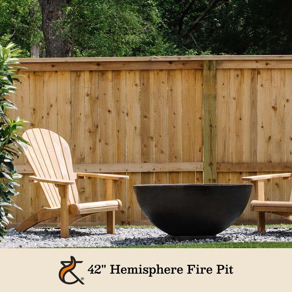 Ash & Ember 42" Hemisphere Fire Pit, Wood Burning Outdoor Fire Bowl, Raw Cast Iron Patina, Half-Sphere Outside Fireplace with Flanged Edge and Stable Base