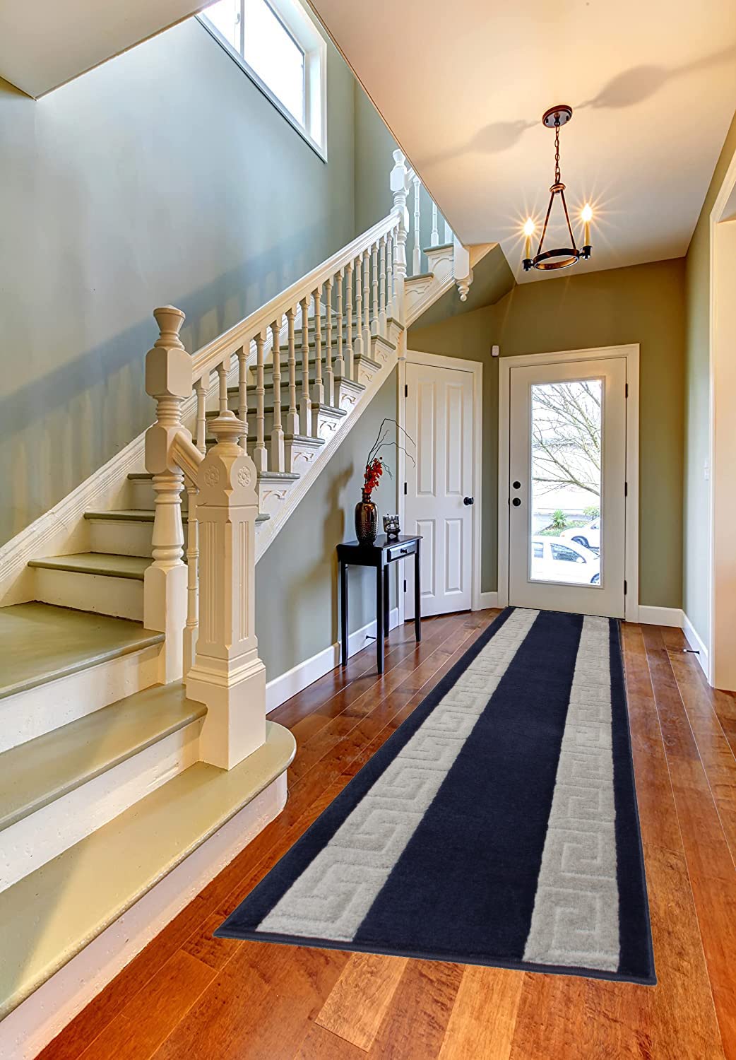 Washable Custom Size Runner Rug Meander Design Navy Blue and Grey, (6 Feet Length x 26 Inch Width) Custom Cut Slip Resistant Rubber Backing Runner Rugs, Extra Long Runner Rugs for Hallways