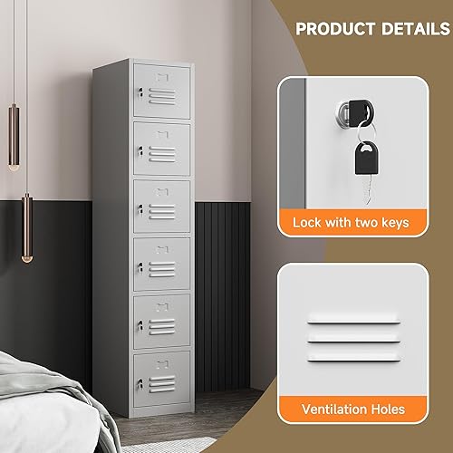 Miniatura 5 de Topass Armario de metal con 6 puertas, armarios con cerradura para empleados, armarios de almacenamiento de casilleros de 71 pulgadas para escuela,