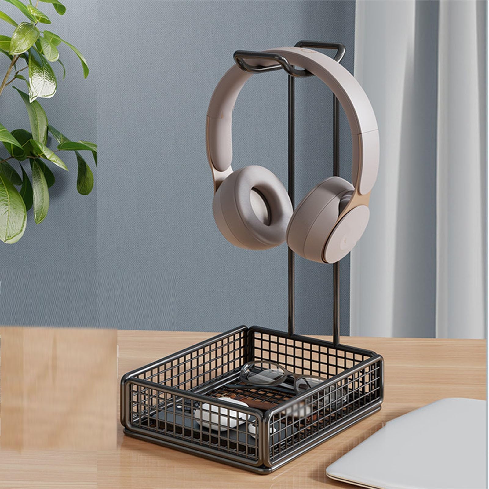 Over-Ear-Kopfhörerständer/Desktop-Headset-Ständer Mit Aufbewahrungskorb (10 Kg Tragkraft) – Ideal for Gaming-Räume Und Arbeitsbereiche(White,12x25x28cm)