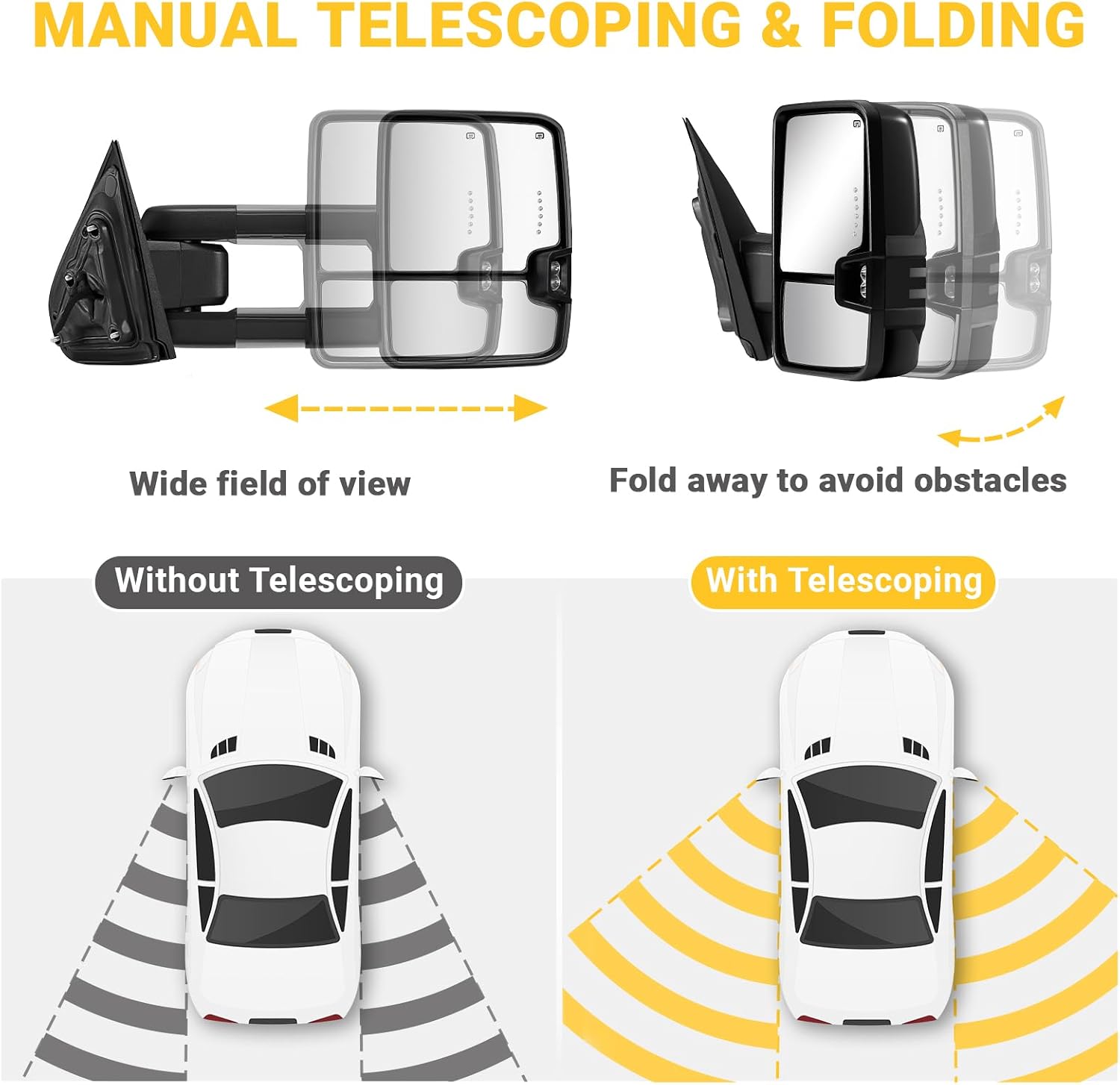 Sanooer Switchback Towing Mirrors Painted Black 2014-2018 Chevy Silverado GMC Sierra 1500 2500HD 3500HD 2019 Chevy GMC 1500 with Dynamic Turn Signal Running Light Backup Heated Pair