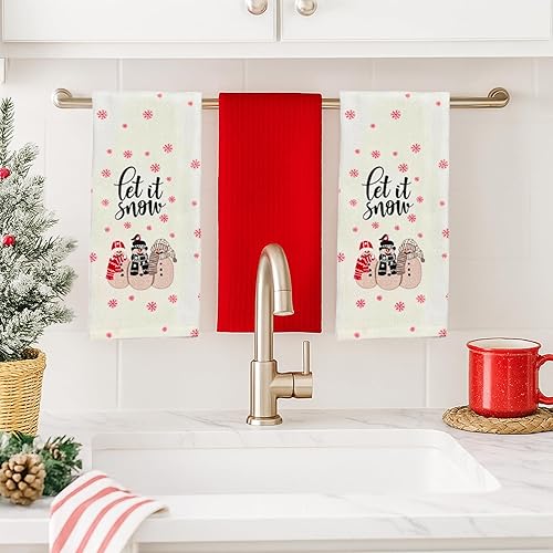 Vista 259 de Serafina Home Toallas de cocina navideñas navideñas: dos muñecos de nieve Be Jolly espiga y un muñeco de nieve bailarín, 3 piezas, tejido plano 100%