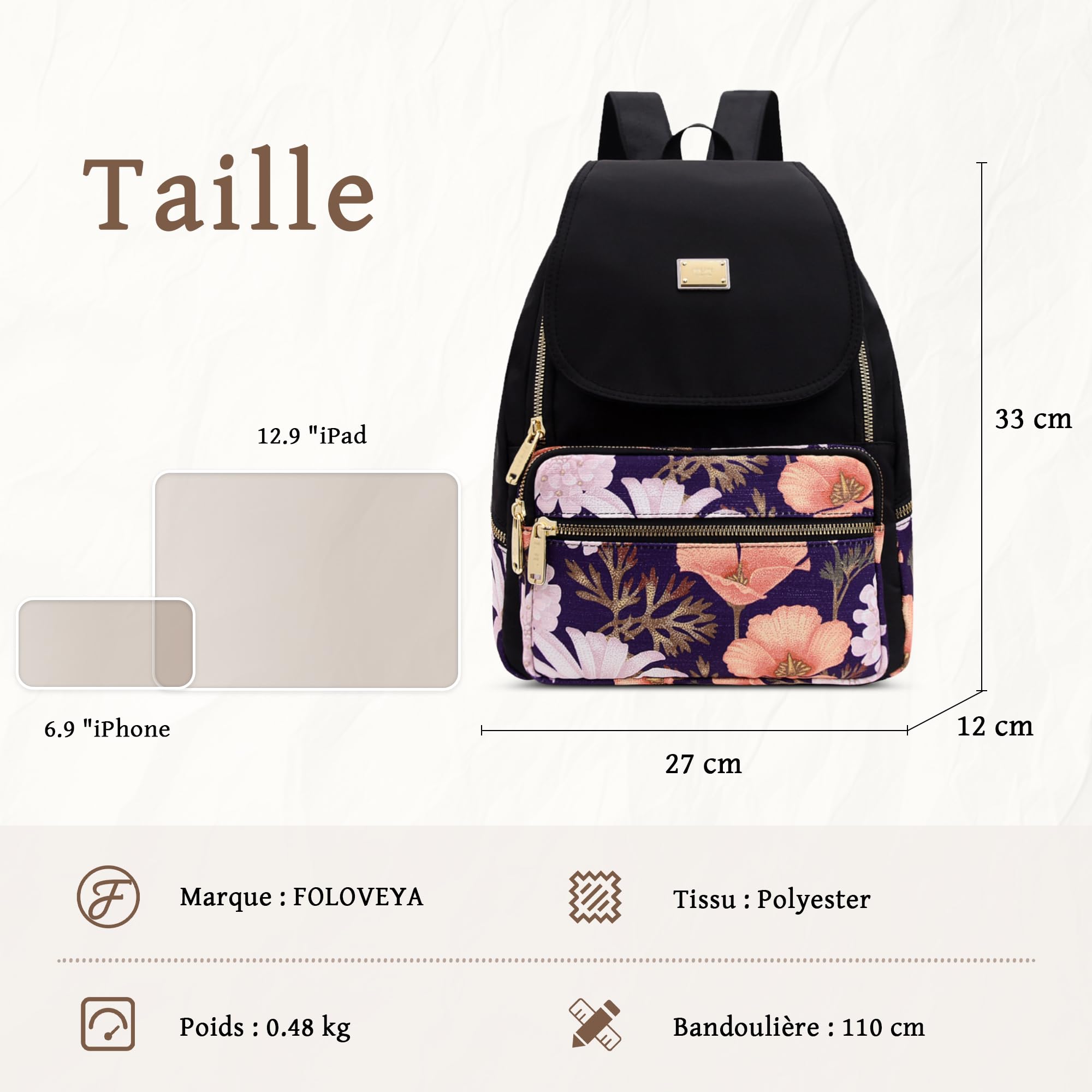 Sac à Dos Femme Sac à Dos Élégant Loisir Anti-vol Imperméable Backpack Sac à Bandoulière Multifonctionnel pour École Voyage Shopping Travail Grand Sac à Dos En Polyester Gris