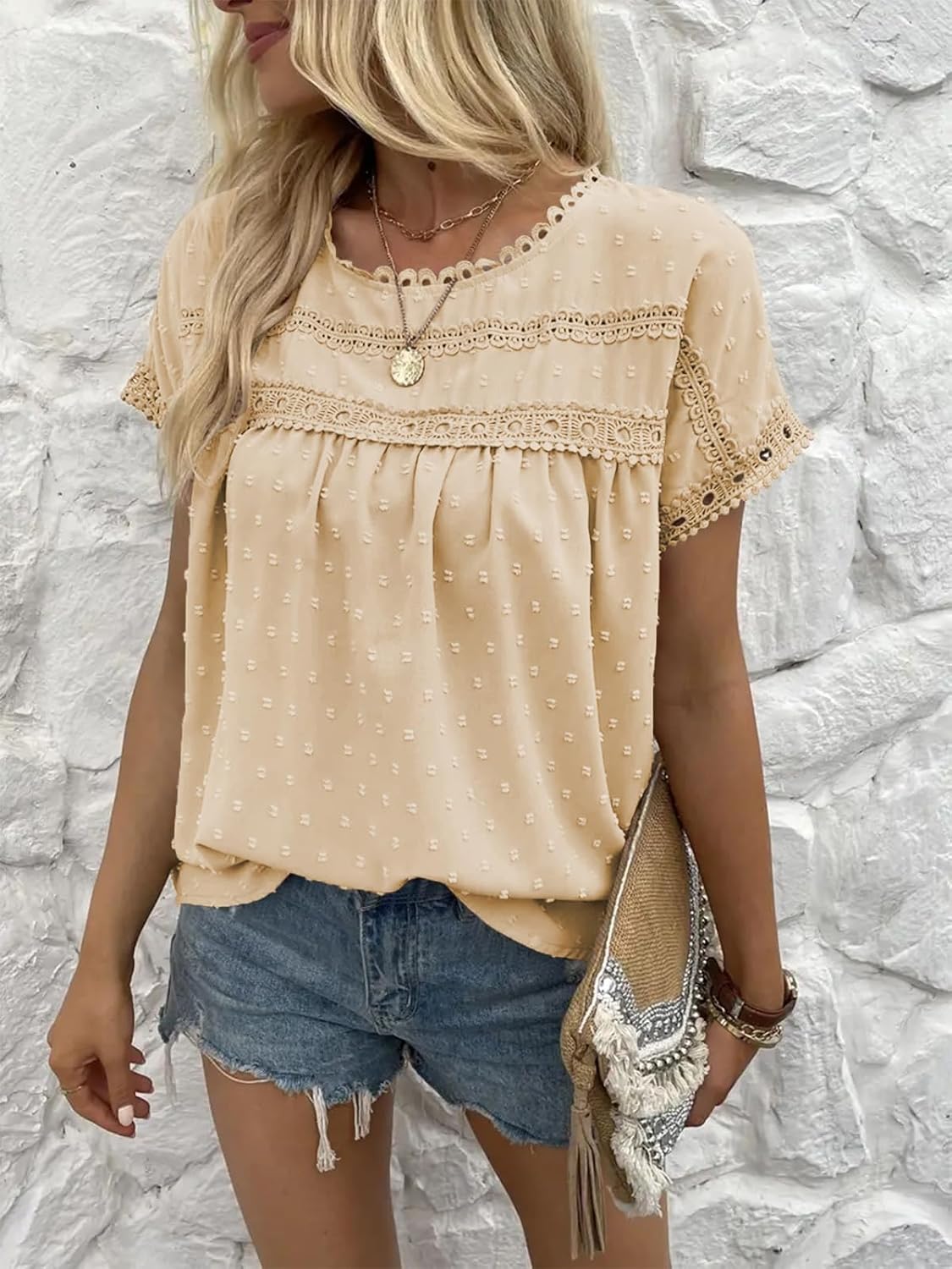 Poetsky Womens Summer Short Sleeve Lace Crochet Blouses Flowy Babydoll Dressy Casual Work Tops - Image 3