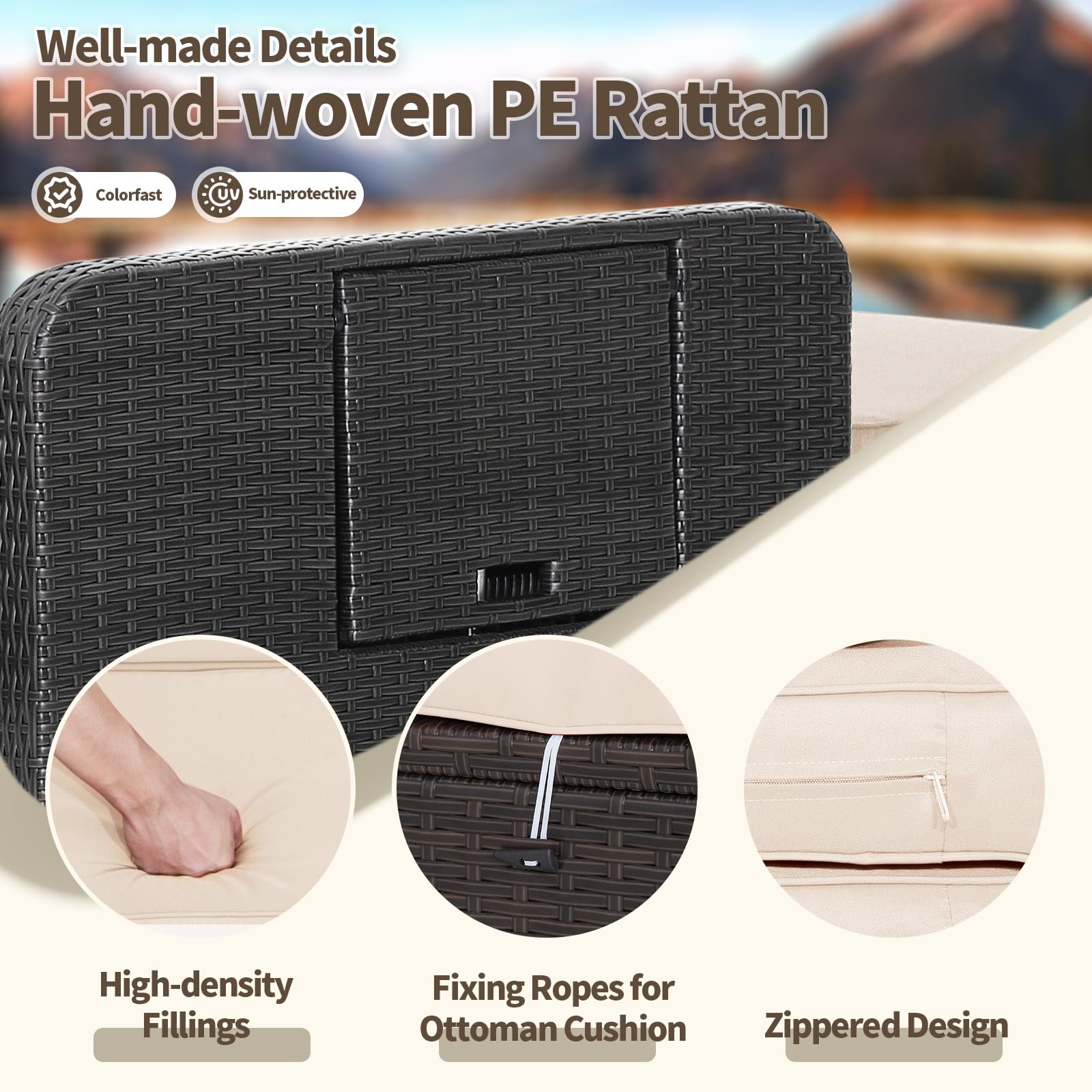 GIANTEX Meble balkonowe, meble do użytku na zewnątrz, sofa ogrodowa z taboretem, sofa z rattanu z funkcją spania, mała sofa balkonowa, meble ogrodowe, nie zajmuje dużo miejsca do przechowywania, sofa | Trzy w jednym wzorze
