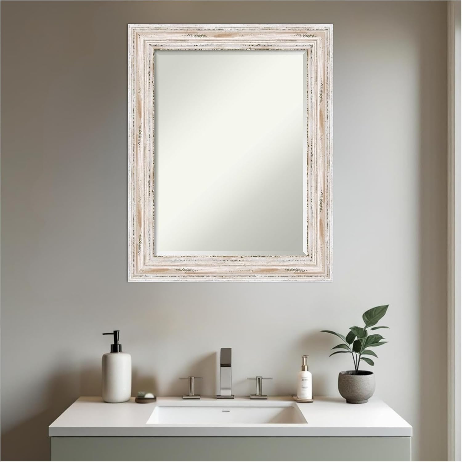 Amanti Art White Bathroom Mirror for Over Sink, 29x23 Alexandria White Wash Rectangle Vanity Mirror, Medium Coastal Wood Frame, Hangs Horizonally and Vertically, Bathroom Wall Decor, Beveled Edge