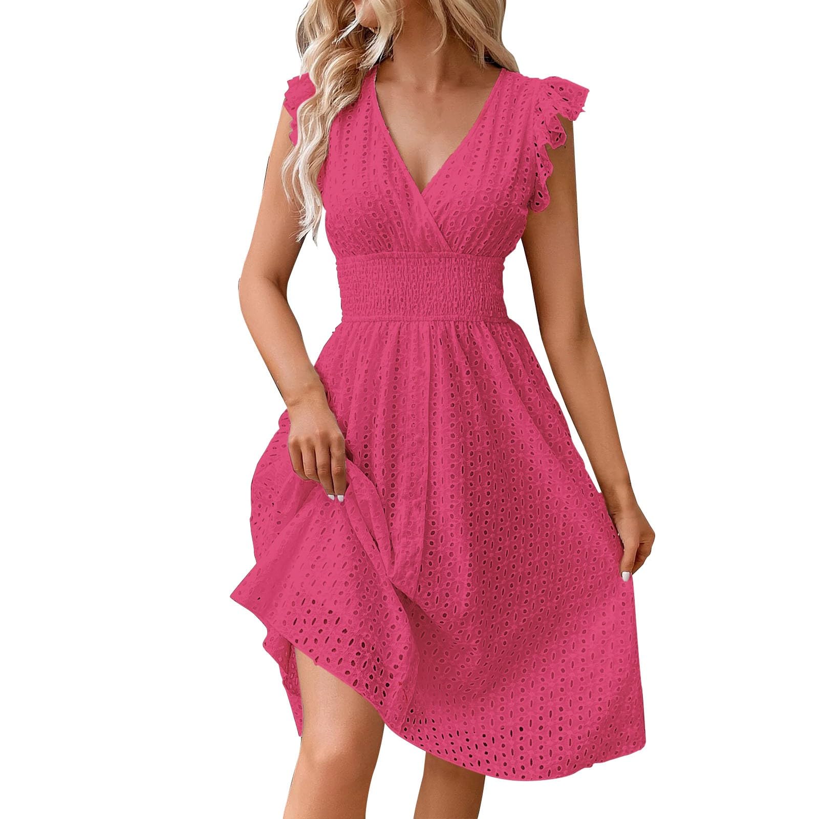 Abito da donna, estivo, sexy, da cocktail, da donna, con scollo a V, stile boho, leggero e arioso, elegante, tinta unita, elegante, stile swing, casual, da spiaggia