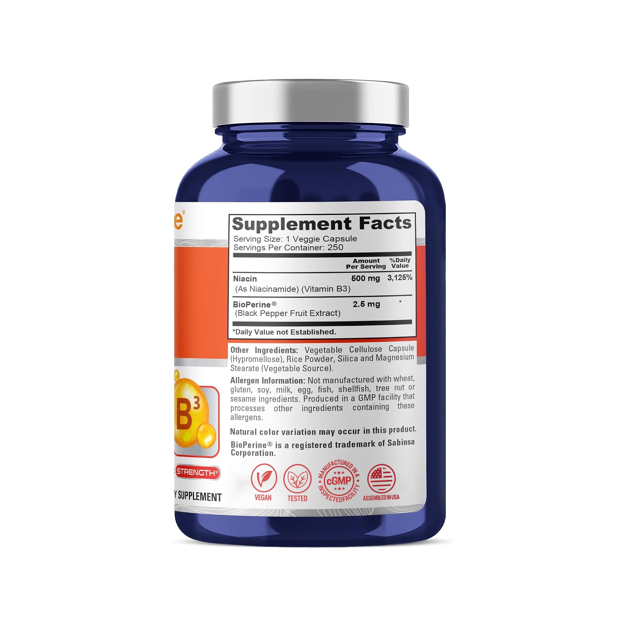 NusaPure Flush Free Niacin, Vegan 500mg, 250 Veggie Capsules - 250 Servings — Amazon image 3