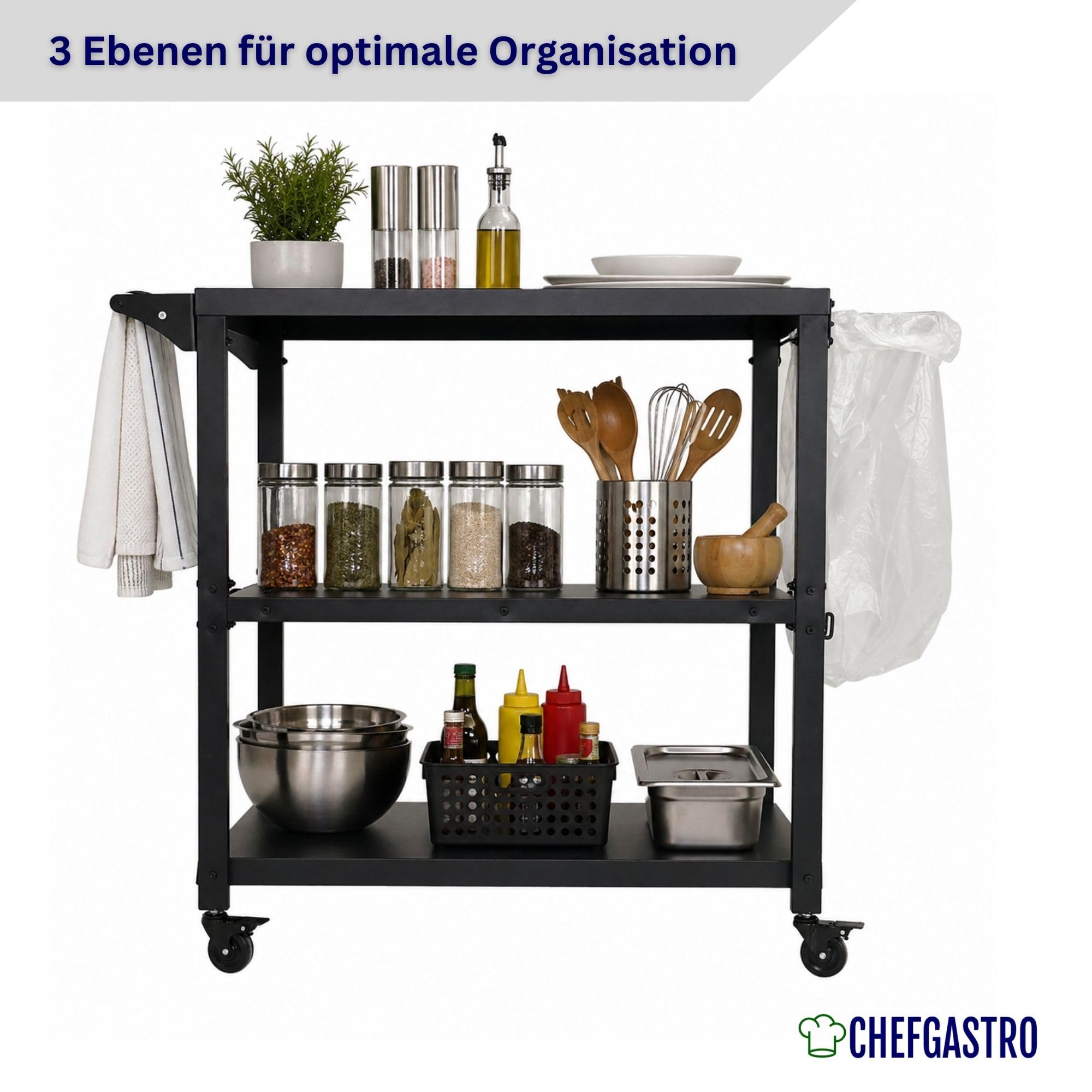 CHEFAGSTRO Grillwagen Vulcan Outdoor Servierwagen mit Rollen Küche Küchenwagen Metall Schwarz Wetterfest Grilltisch, 4 Lenkrollen mit Bremse, 3 Ablagen, 8 Haken, Müllbeutelhalter & Handtuchgriff