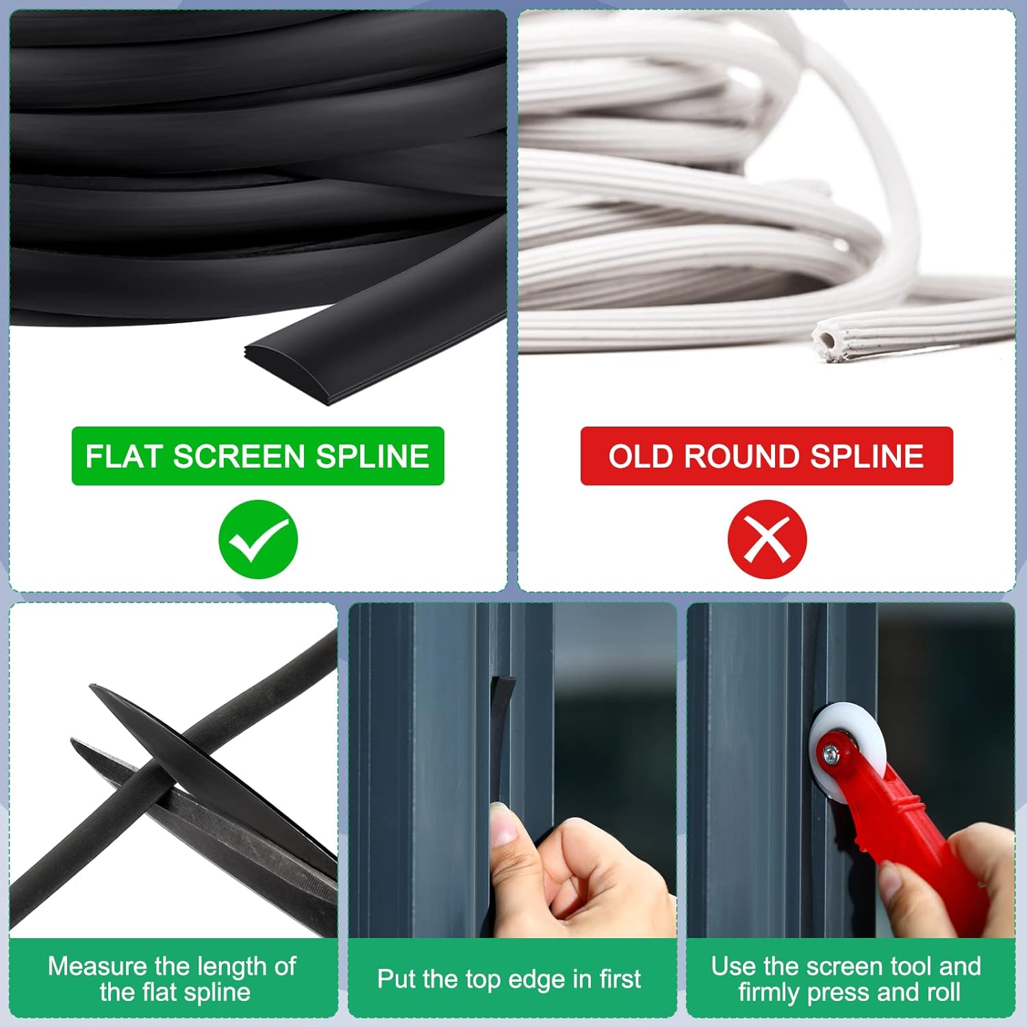 LEIFIDE Flat Screen Spline 0.315 Width Vinyl Window Screen Spline with Rolling Tool Black Flat Bottom and Curved Top Edge Repair Kit for Installing Window Patio Door(200 ft)