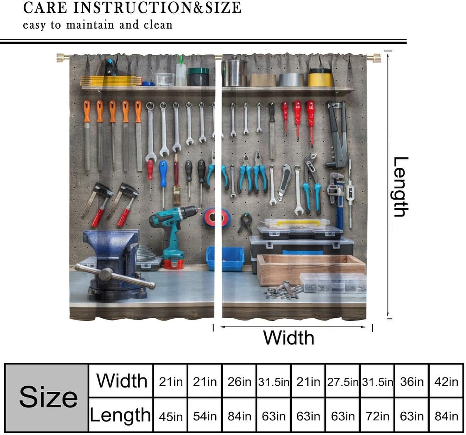 Workshop Tools Backdrop Curtains Garage Mechanic Backdrop Curtain with Rod Pocket for Bedroom Living Room Home Decor Drapes Thermal Insulated Window Treatments 2 Panels Set 63" W X 63" L