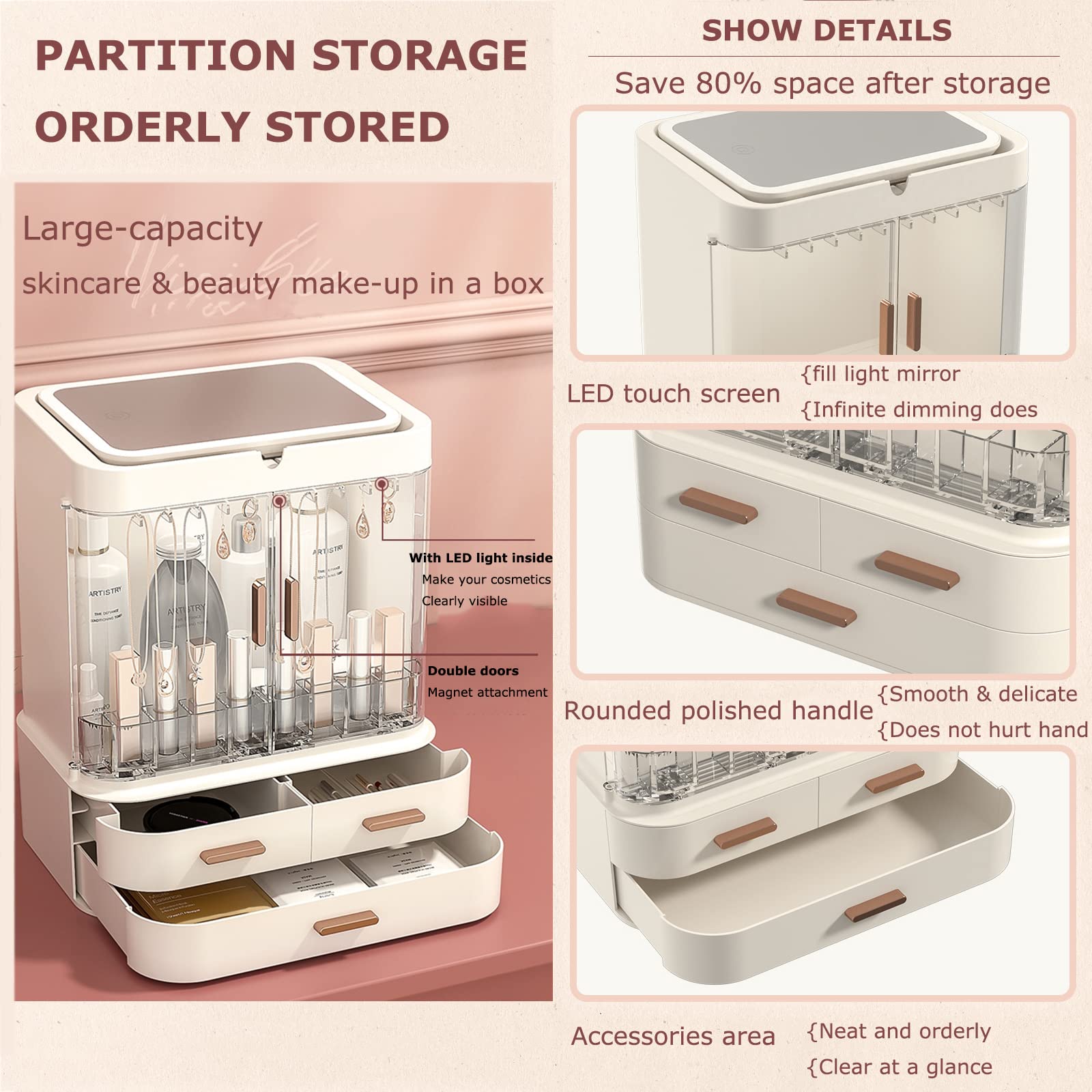 Pudełko do przechowywania kosmetyków z lustrem Led Light pulpit organizer do makijażu Case odporny na kurz organizer typu szuflady na kosmetyki, biały-LEDmirror