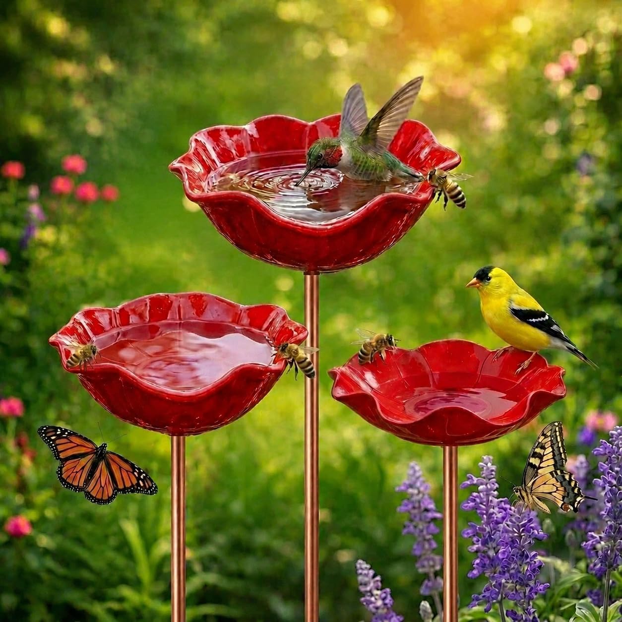3-Pack Metal Bird Bath for Garden,Handmade Flower-Shaped Feeder,Freestanding Outdoor Birdbath,Wildlife Water Bowl for Birds,Bees and Butterflies – Garden,Lawn & Patio Decor
