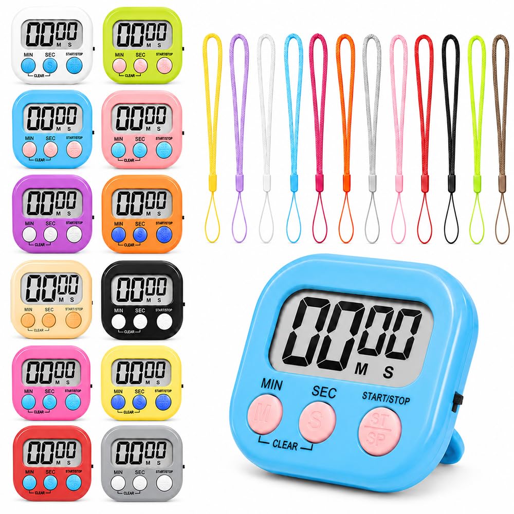 Kitchen Timer Digital, 12 Pcs Digital Timers with 12 Pcs Lanyard, Kitchen Timers for Cooking with Loud Alarm, Magnetic Timer for Kitchen for Classroom, Gym, Study, Toddler Teeth Cleaning
