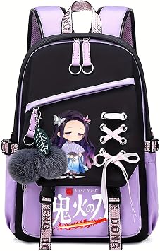 ZJYJING Cute Anime Backpack for Girls Kids Anime Style Bookbag Casual Daypack Schoolbag Laptop Bag with USB, Black Purple, Black Purple