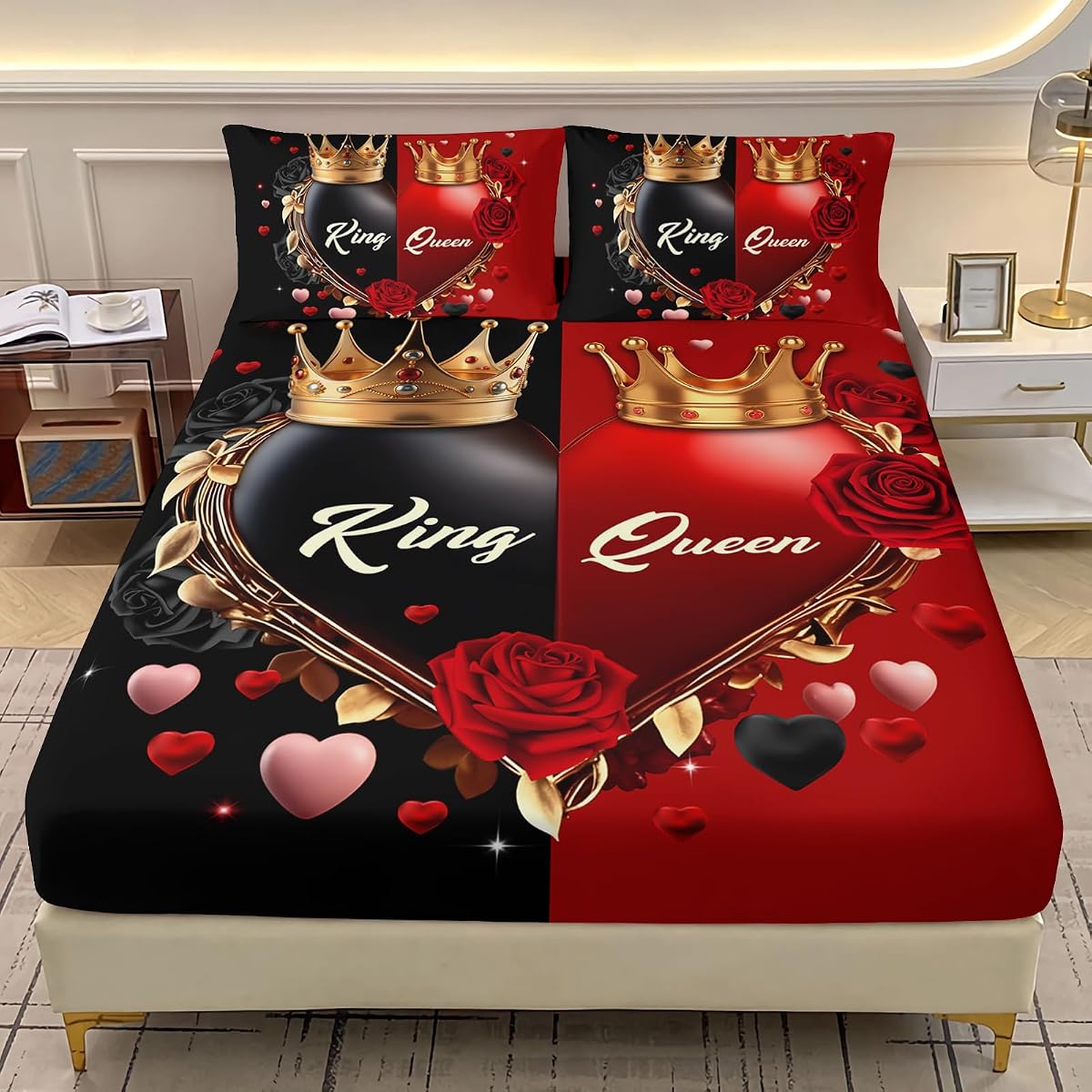 AILONEN King and Queen Fitted Sheet Set Queen Size, Love Heart Crown Rose Bedding Set for Girls Boys,Black and Red Bed Sheet Set 3Pcs for Bedroom Decor,1 Fitted Sheet and 2 Pillowcases,Soft