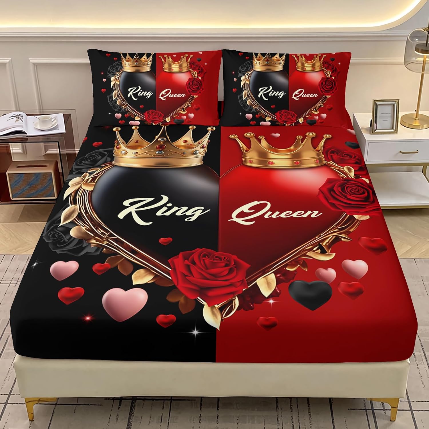 AILONEN King and Queen Fitted Sheet Set Queen Size, Love Heart Crown Rose Bedding Set for Girls Boys,Black and Red Bed Sheet Set 3Pcs for Bedroom Decor,1 Fitted Sheet and 2 Pillowcases,Soft