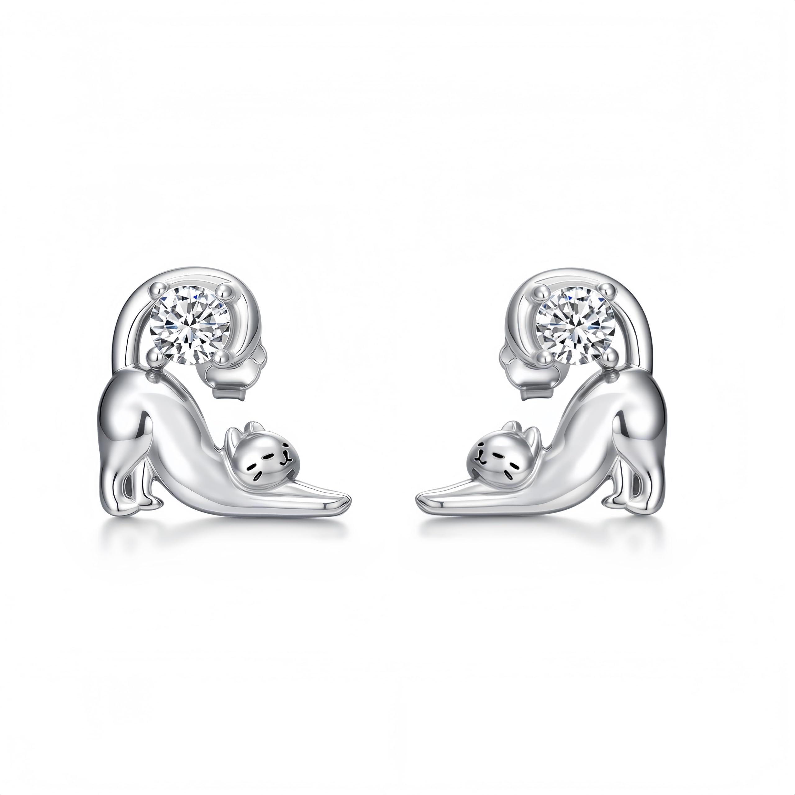 Boucles d'oreilles chat en argent 925 véritable et zircon brillant - 4