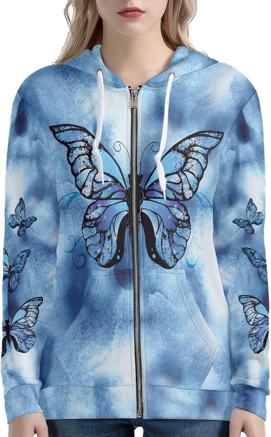HUIACONG Butterfly Zip Up Hoodie for Women Sports Shirt XL Girls Hooded Pullover E-Girl 90S Sportswear Jacket Blue Fog Clothing Thin Breathable Jumper