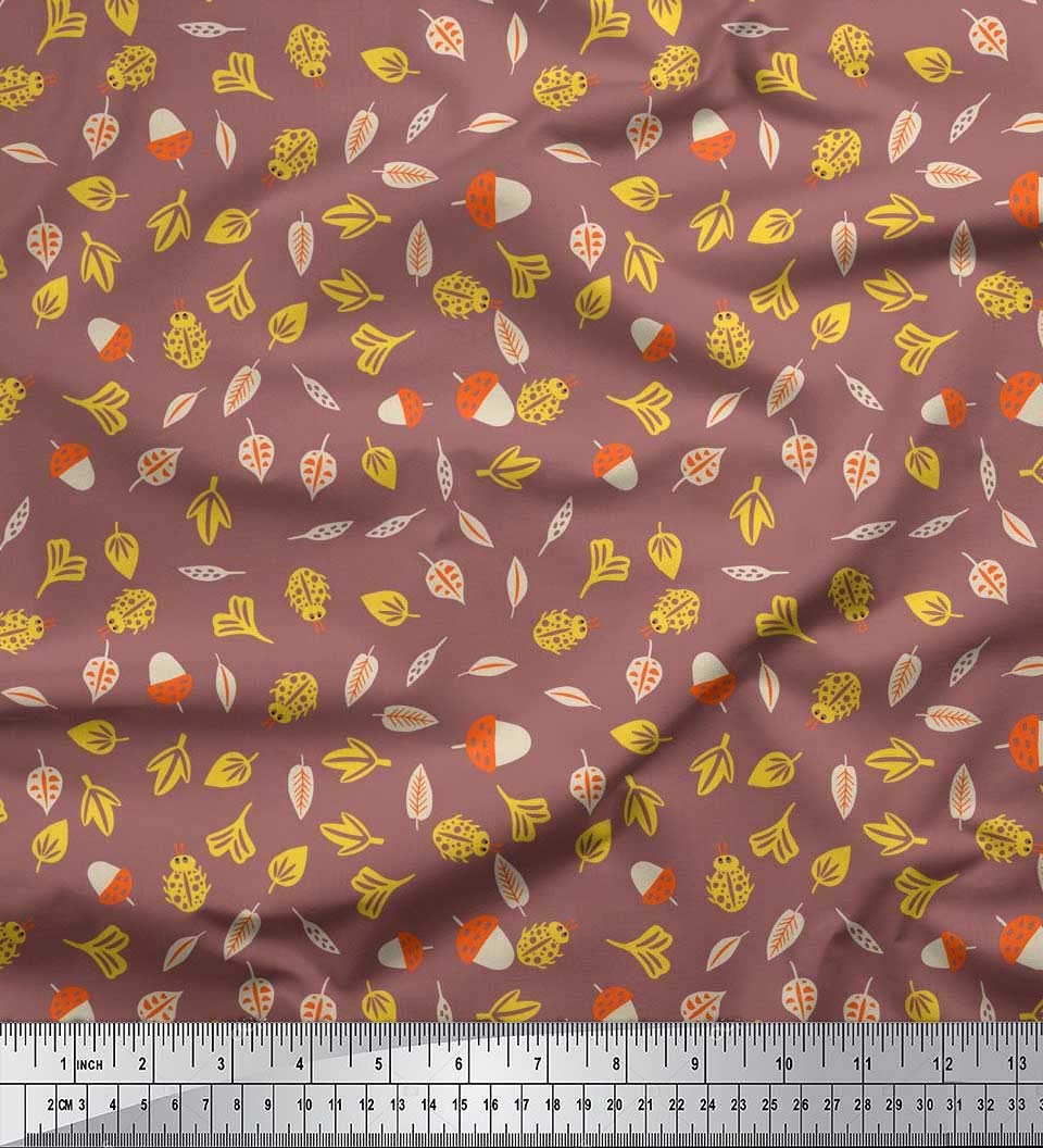 Soimoi Brown Cotton Duck Fabric Insect,Acorn & Leaves Clip Art Print Fabric by The Yard 42 Inch Wide