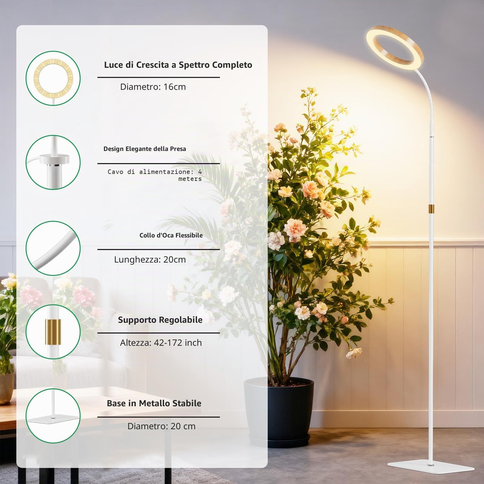 Lampada per piante da interno con supporto, lampada da terra per piante, timer 6/12/18 ore, altezza regolabile 42-170cm, per piante di grandi dimensioni e arredamento (1 testa, finitura finto legno)