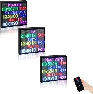 14" × 14" Digital LED World Clock with Multiple Time Zones | Switchable World Time Display, Auto Dimming, Calendar, Temperature, Alarm & Timer for Office, Hotel, Airport & Home