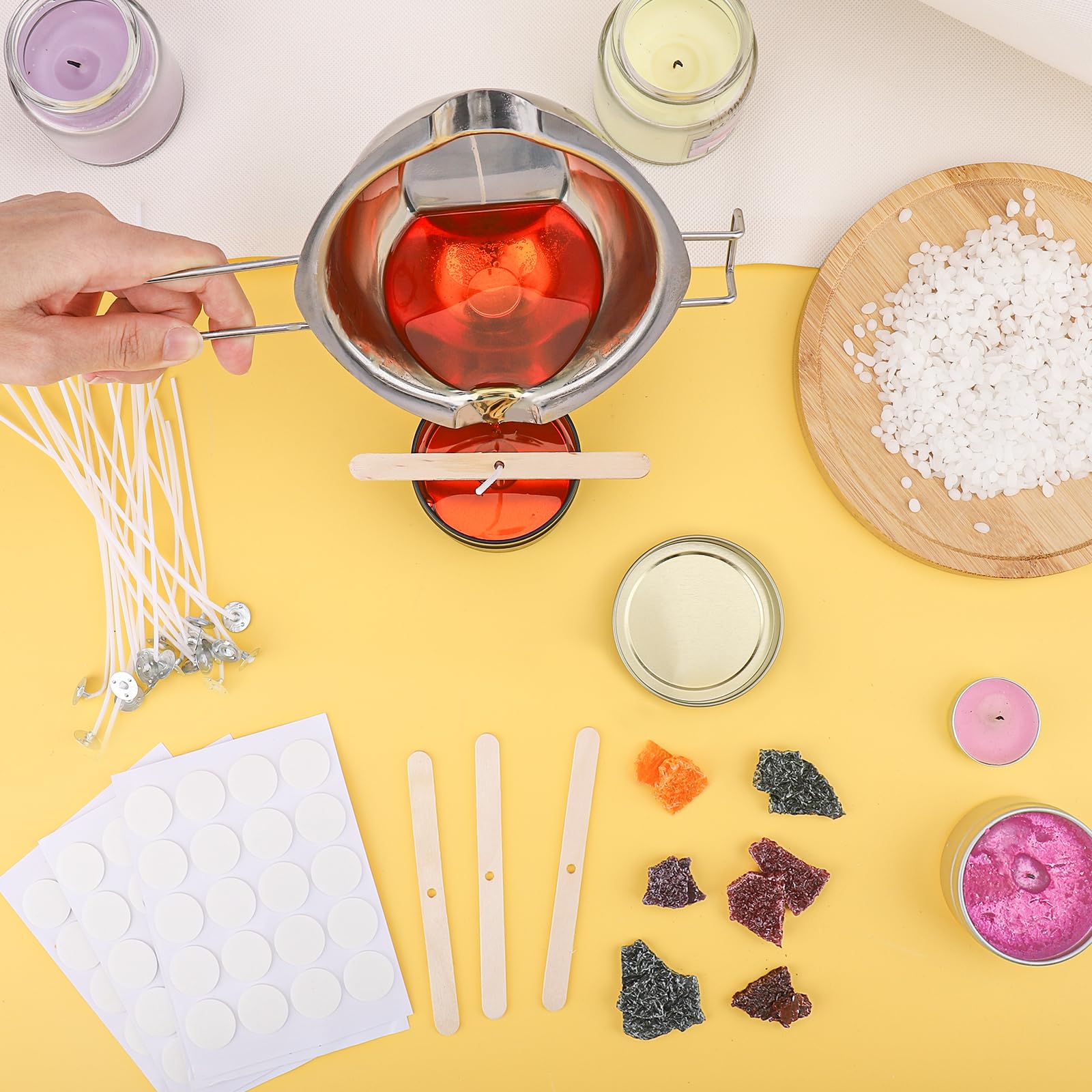 Kit Fabrication Bougies DIY - 1 Kg Cire, Pot Fonte Inox, 100 Mèches, 8 Colorants, Pour Adultes Et Enfants