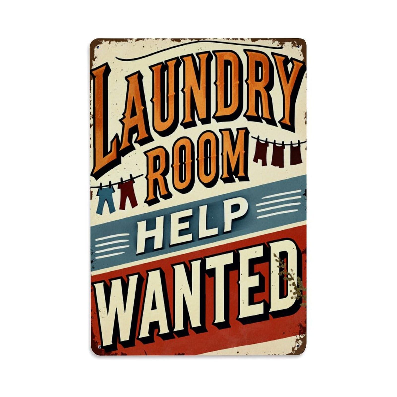 Enderetf Vintage Laundry Room Help Wanted Sign Tin Sign Metal Poster, Home Bar Garage Man Cave Cafe Indoor & Outdoor Wall Decoration 8X12inches