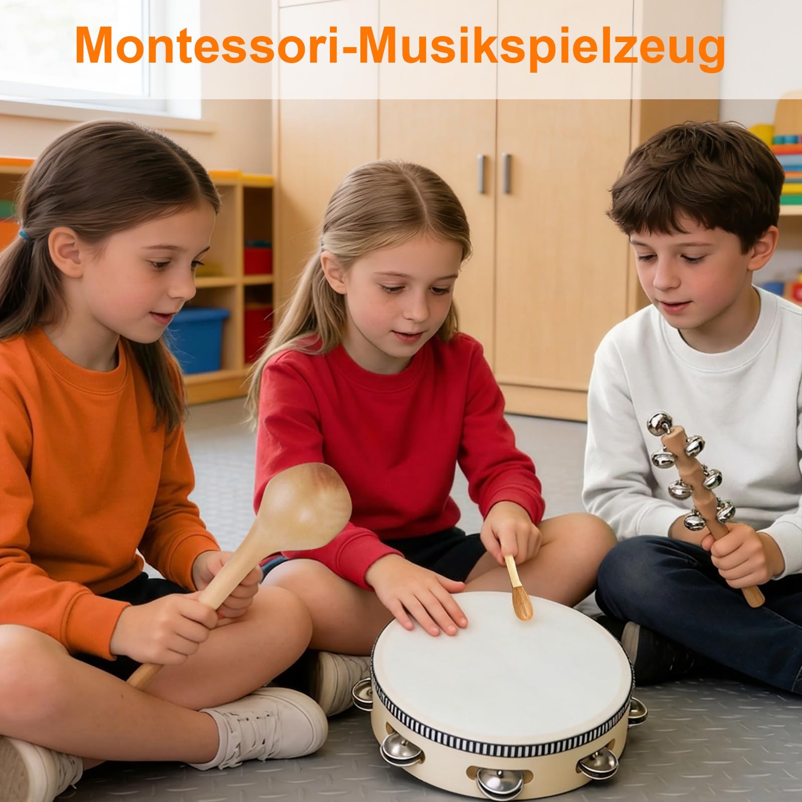 14-TLG Musikinstrumente Set für Rhythmik & Musikalische Früherziehung, Musik-Set aus Holz mit Maracas, Handglocken, Tamburin, Triangel, Holz-Guiro, mehr & praktischer Aufbewahrungstasche